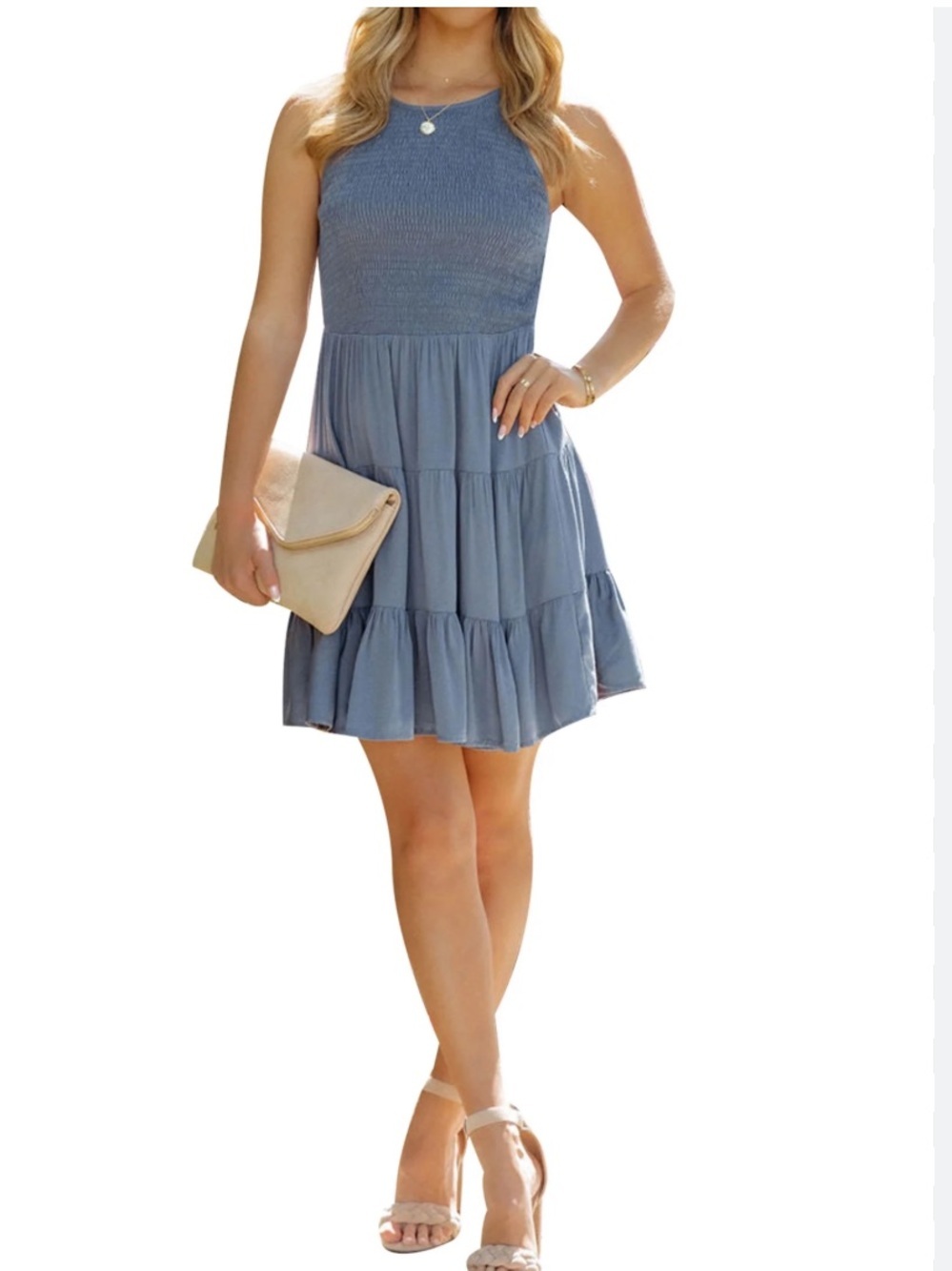 Source Unknown Light Blue Smocked Tiered Mini Dress Size L Casual Summer Beachy